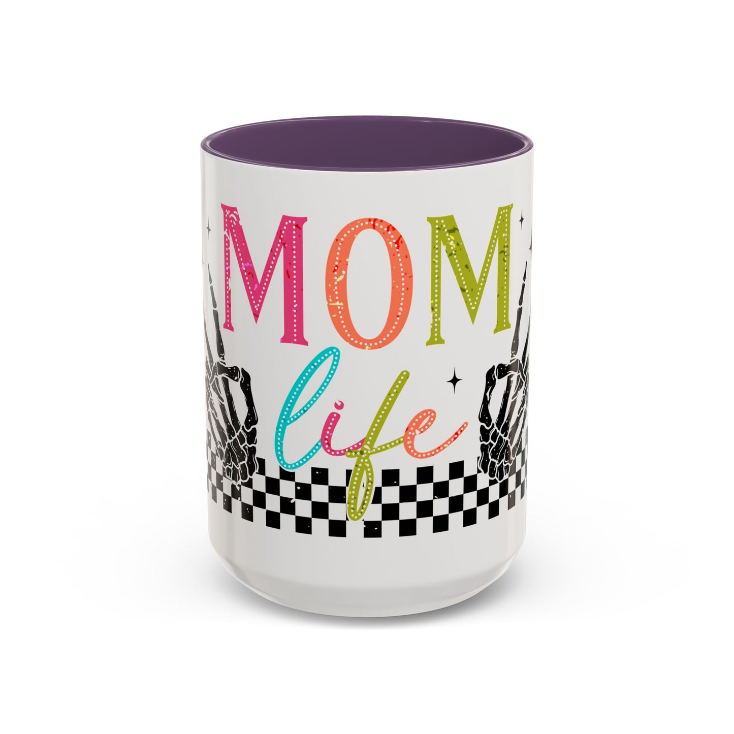 Mom Life Coffee Mug — Colorful Retro Checkerboard & Skeleton Peace Design (11/15oz)