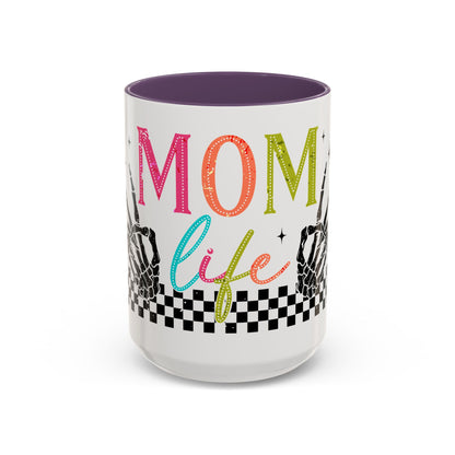 Mom Life Coffee Mug — Colorful Retro Checkerboard & Skeleton Peace Design (11/15oz)