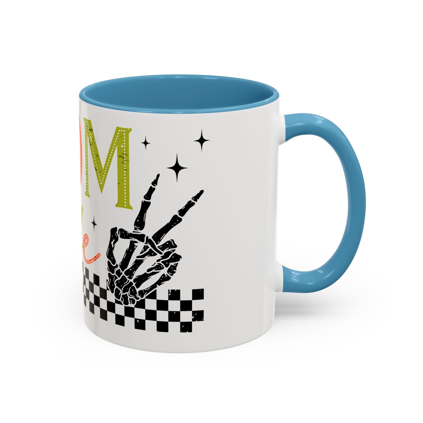 Mom Life Coffee Mug — Colorful Retro Checkerboard & Skeleton Peace Design (11/15oz)