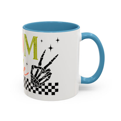 Mom Life Coffee Mug — Colorful Retro Checkerboard & Skeleton Peace Design (11/15oz)