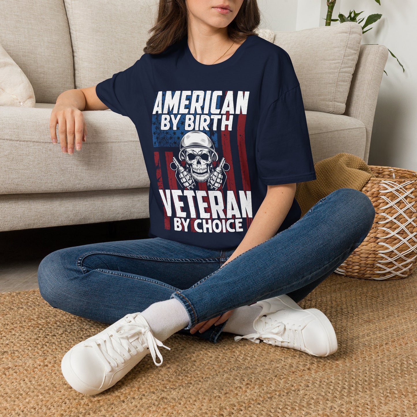 "American By Birth, Veteran By Choice" Patriotic Skull Veteran Tee