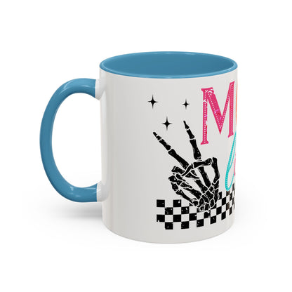 Mom Life Coffee Mug — Colorful Retro Checkerboard & Skeleton Peace Design (11/15oz)