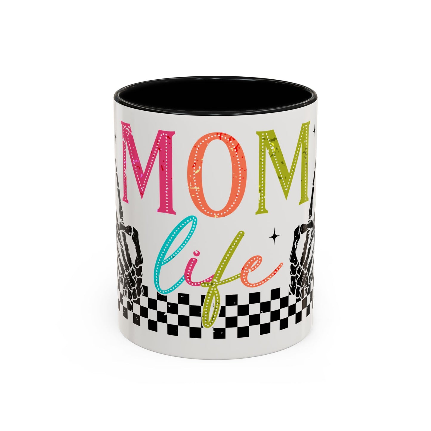 Mom Life Coffee Mug — Colorful Retro Checkerboard & Skeleton Peace Design (11/15oz)