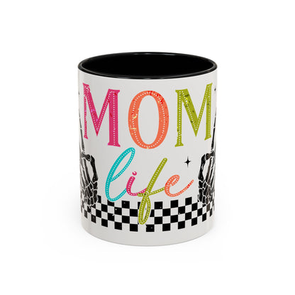 Mom Life Coffee Mug — Colorful Retro Checkerboard & Skeleton Peace Design (11/15oz)