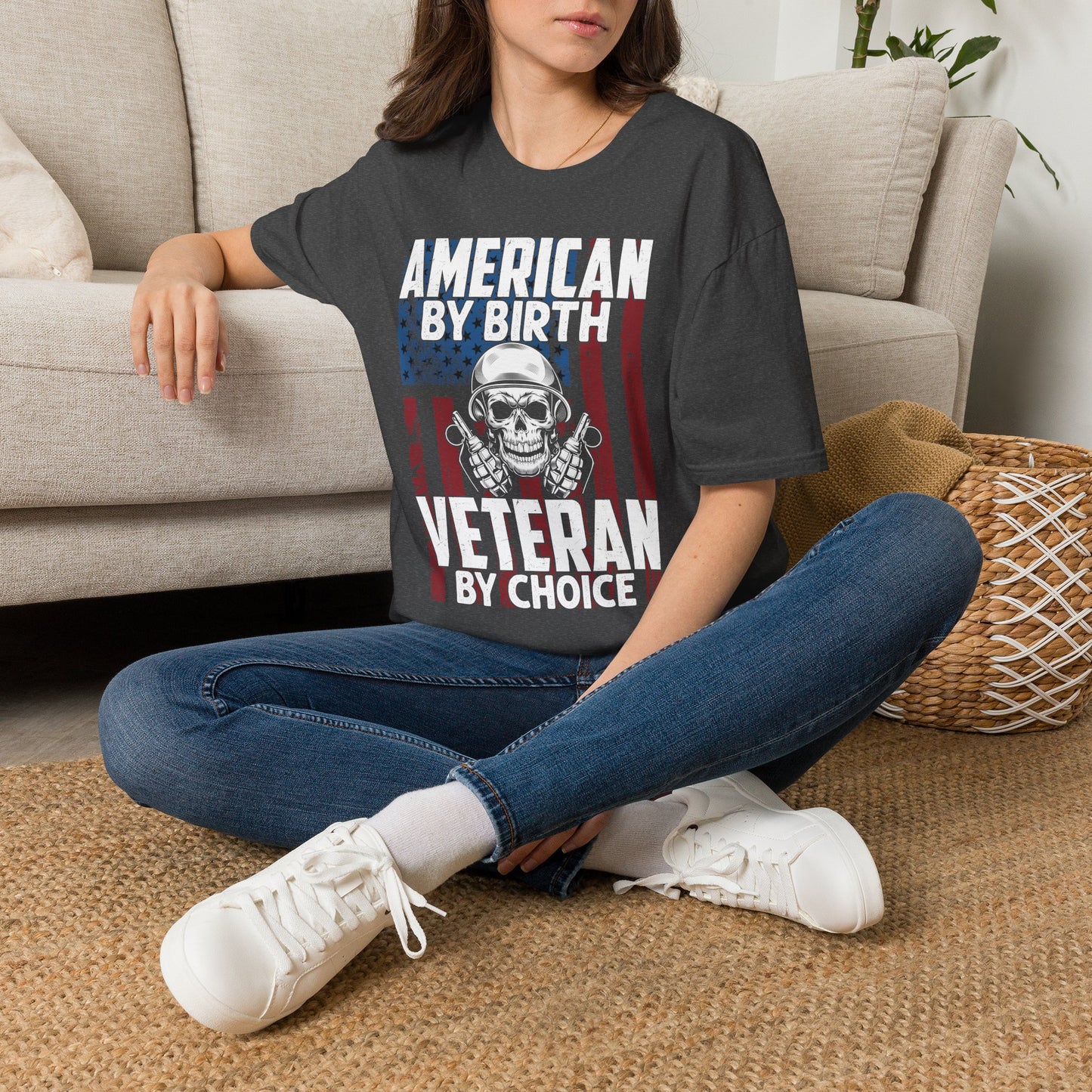 "American By Birth, Veteran By Choice" Patriotic Skull Veteran Tee