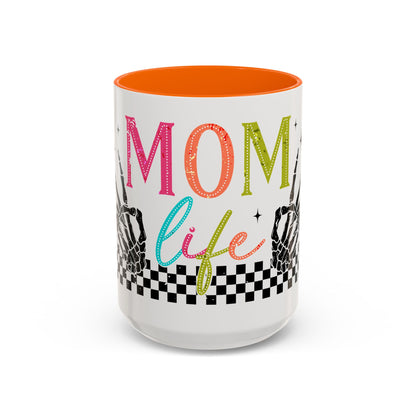 Mom Life Coffee Mug — Colorful Retro Checkerboard & Skeleton Peace Design (11/15oz)