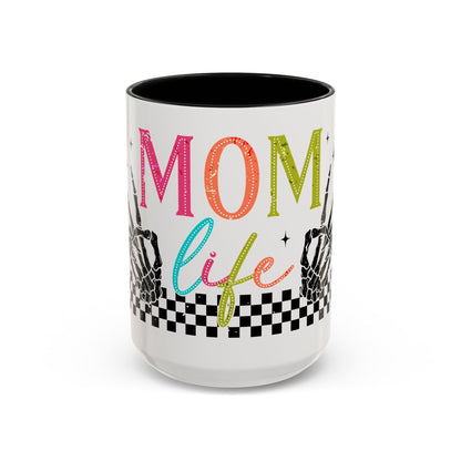 Mom Life Coffee Mug — Colorful Retro Checkerboard & Skeleton Peace Design (11/15oz)
