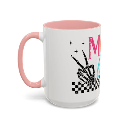 Mom Life Coffee Mug — Colorful Retro Checkerboard & Skeleton Peace Design (11/15oz)
