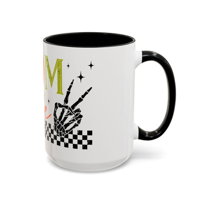 Mom Life Coffee Mug — Colorful Retro Checkerboard & Skeleton Peace Design (11/15oz)