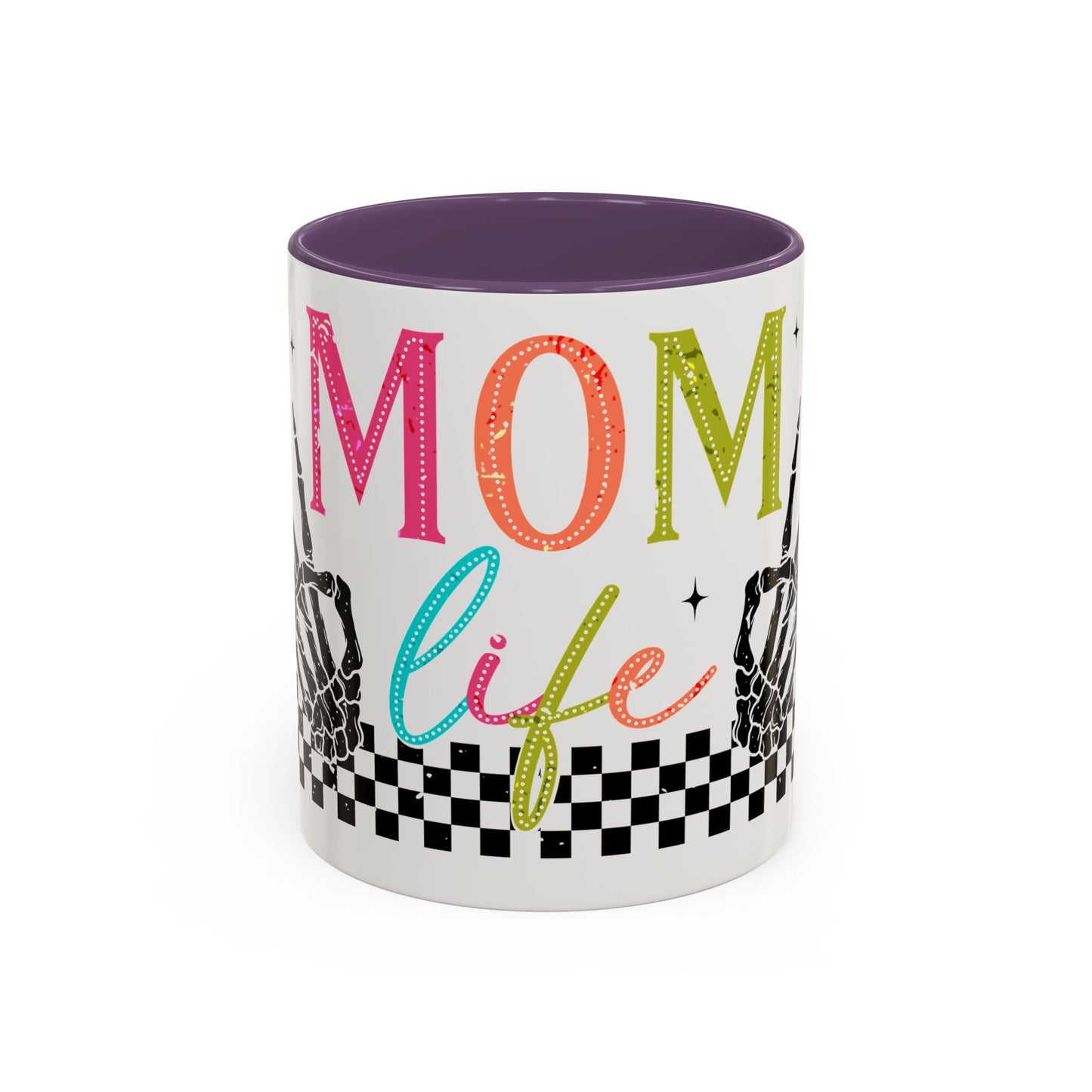 Mom Life Coffee Mug — Colorful Retro Checkerboard & Skeleton Peace Design (11/15oz)