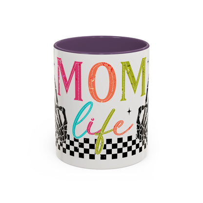 Mom Life Coffee Mug — Colorful Retro Checkerboard & Skeleton Peace Design (11/15oz)