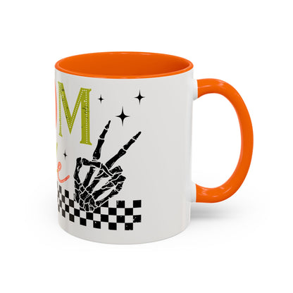 Mom Life Coffee Mug — Colorful Retro Checkerboard & Skeleton Peace Design (11/15oz)