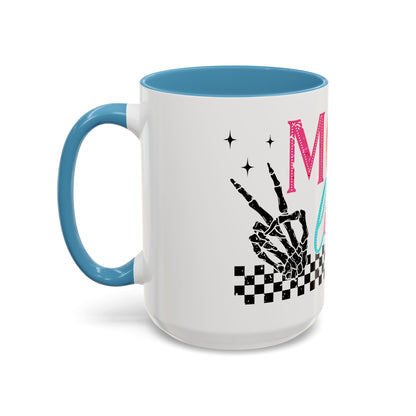 Mom Life Coffee Mug — Colorful Retro Checkerboard & Skeleton Peace Design (11/15oz)