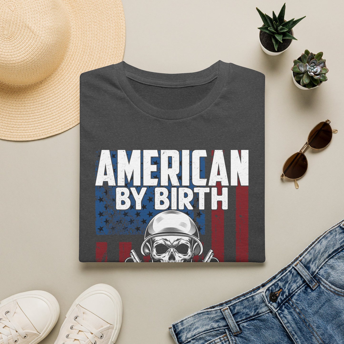 "American By Birth, Veteran By Choice" Patriotic Skull Veteran Tee