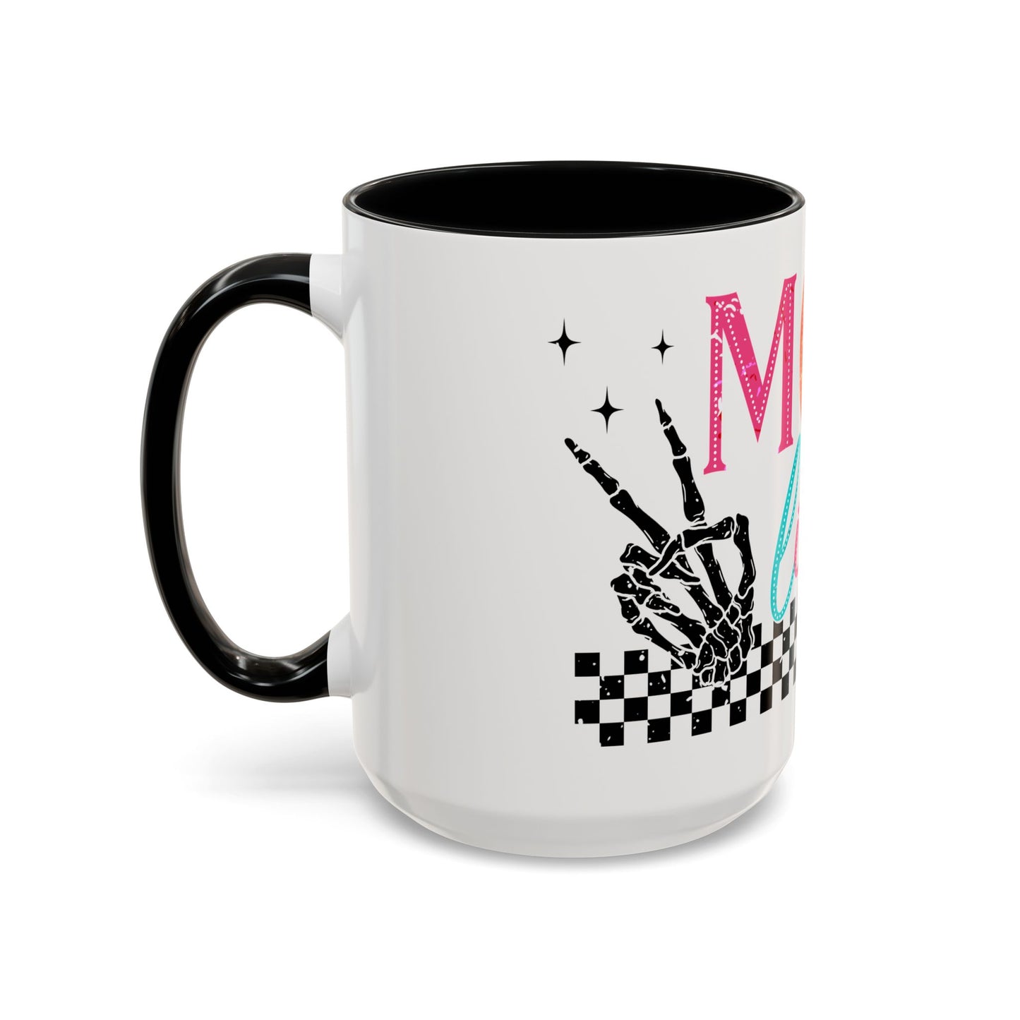 Mom Life Coffee Mug — Colorful Retro Checkerboard & Skeleton Peace Design (11/15oz)