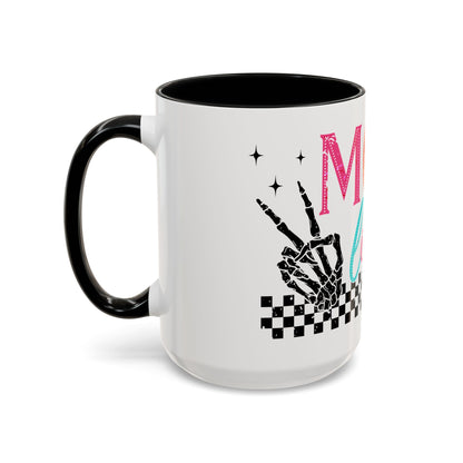 Mom Life Coffee Mug — Colorful Retro Checkerboard & Skeleton Peace Design (11/15oz)