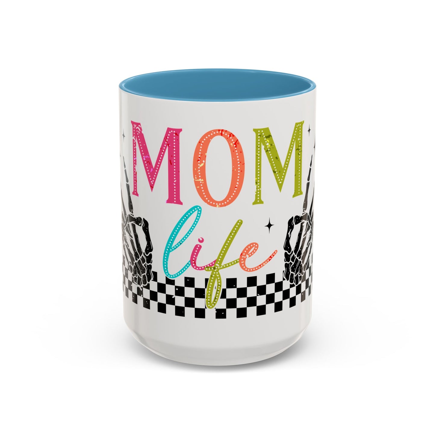 Mom Life Coffee Mug — Colorful Retro Checkerboard & Skeleton Peace Design (11/15oz)