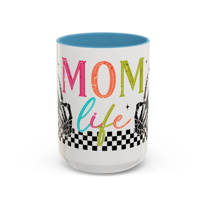 Mom Life Coffee Mug — Colorful Retro Checkerboard & Skeleton Peace Design (11/15oz)