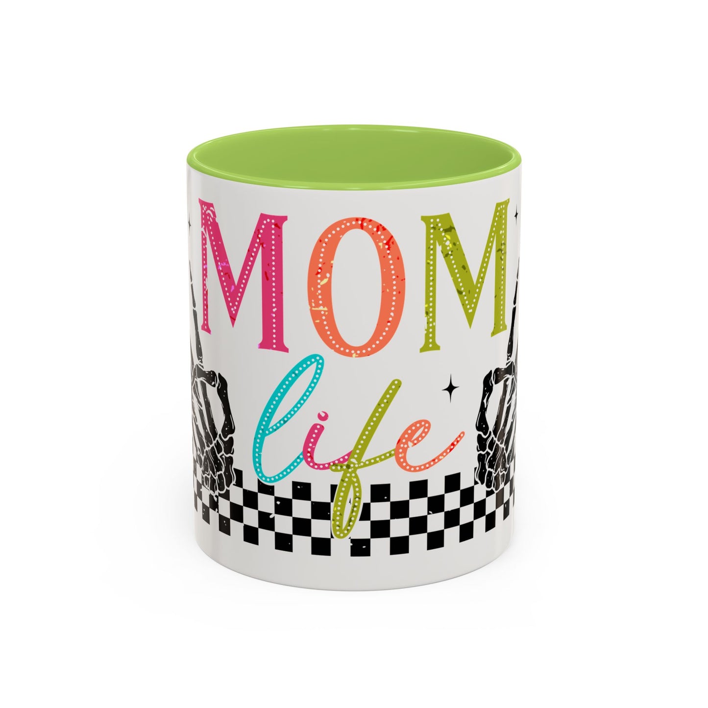 Mom Life Coffee Mug — Colorful Retro Checkerboard & Skeleton Peace Design (11/15oz)