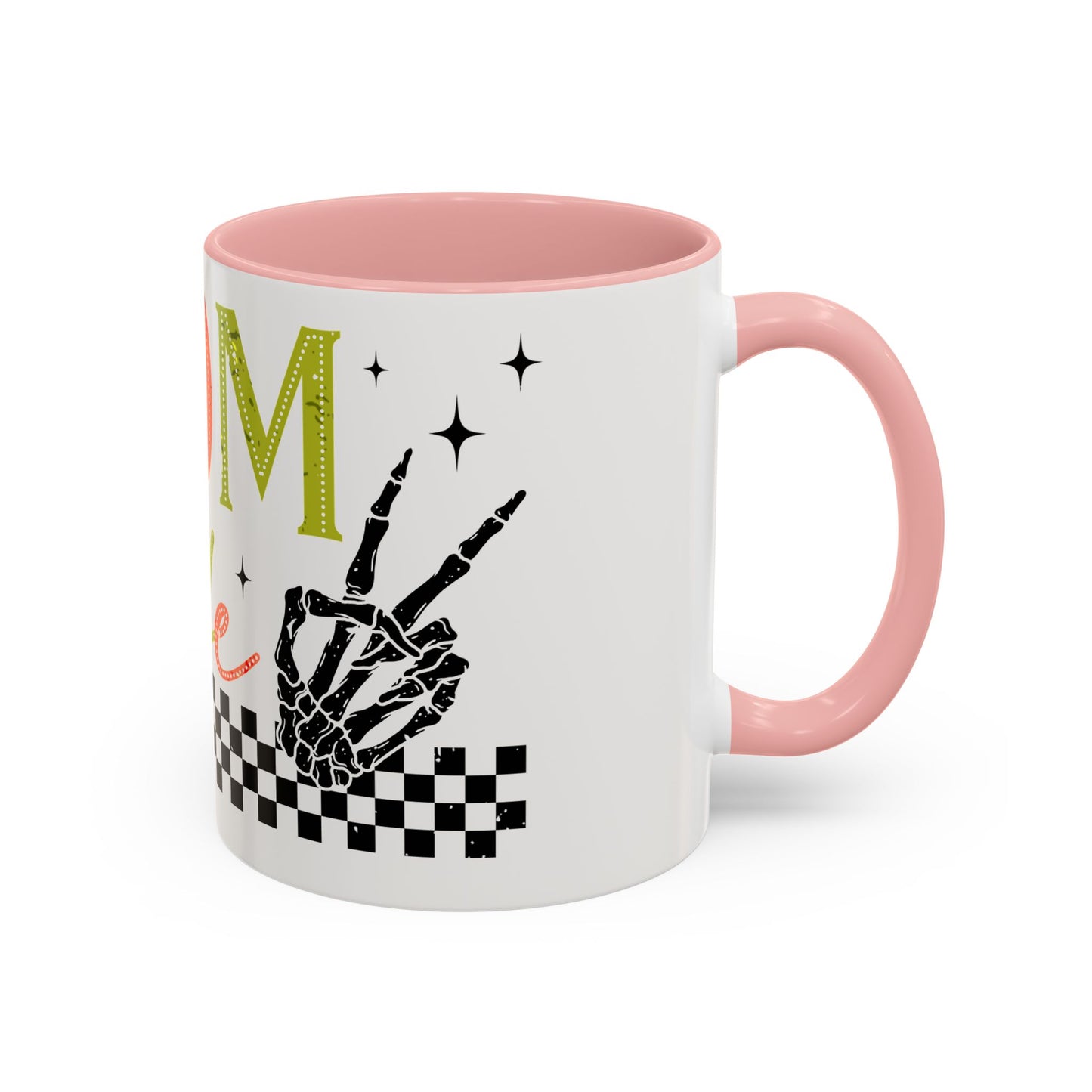 Mom Life Coffee Mug — Colorful Retro Checkerboard & Skeleton Peace Design (11/15oz)