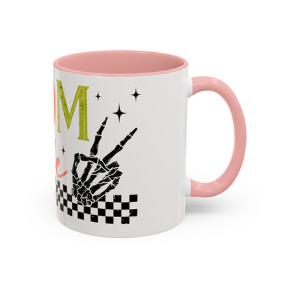 Mom Life Coffee Mug — Colorful Retro Checkerboard & Skeleton Peace Design (11/15oz)