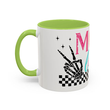Mom Life Coffee Mug — Colorful Retro Checkerboard & Skeleton Peace Design (11/15oz)