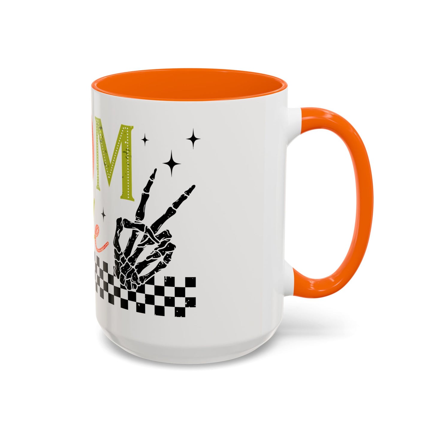 Mom Life Coffee Mug — Colorful Retro Checkerboard & Skeleton Peace Design (11/15oz)