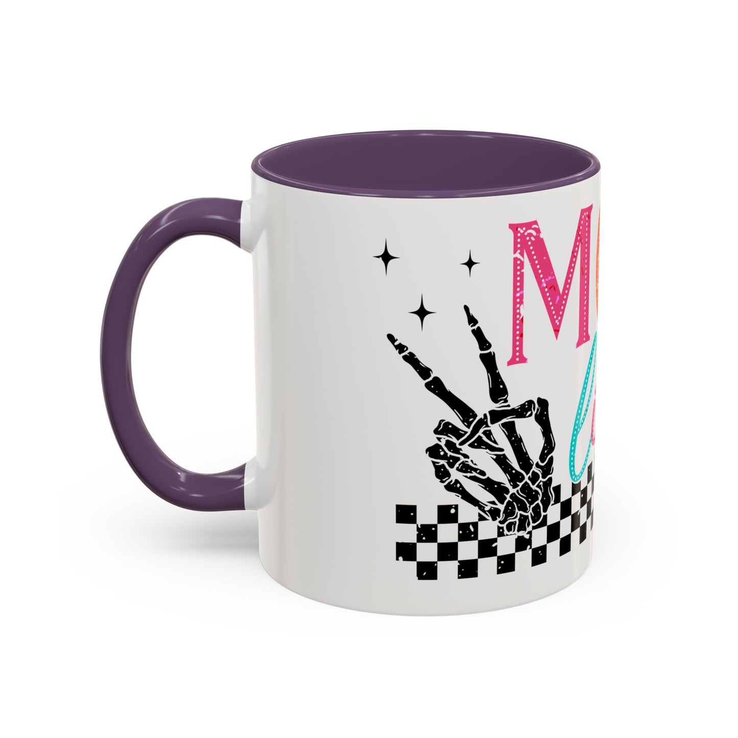 Mom Life Coffee Mug — Colorful Retro Checkerboard & Skeleton Peace Design (11/15oz)