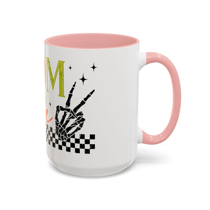 Mom Life Coffee Mug — Colorful Retro Checkerboard & Skeleton Peace Design (11/15oz)