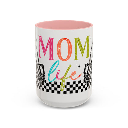 Mom Life Coffee Mug — Colorful Retro Checkerboard & Skeleton Peace Design (11/15oz)