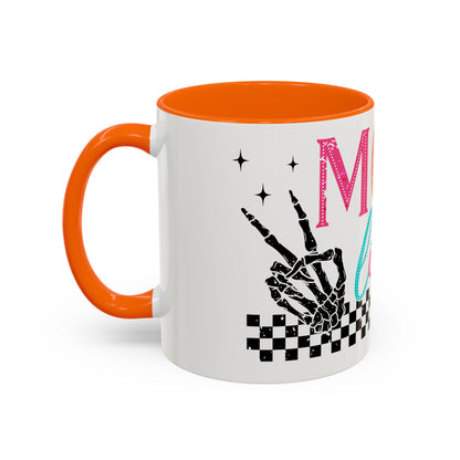Mom Life Coffee Mug — Colorful Retro Checkerboard & Skeleton Peace Design (11/15oz)