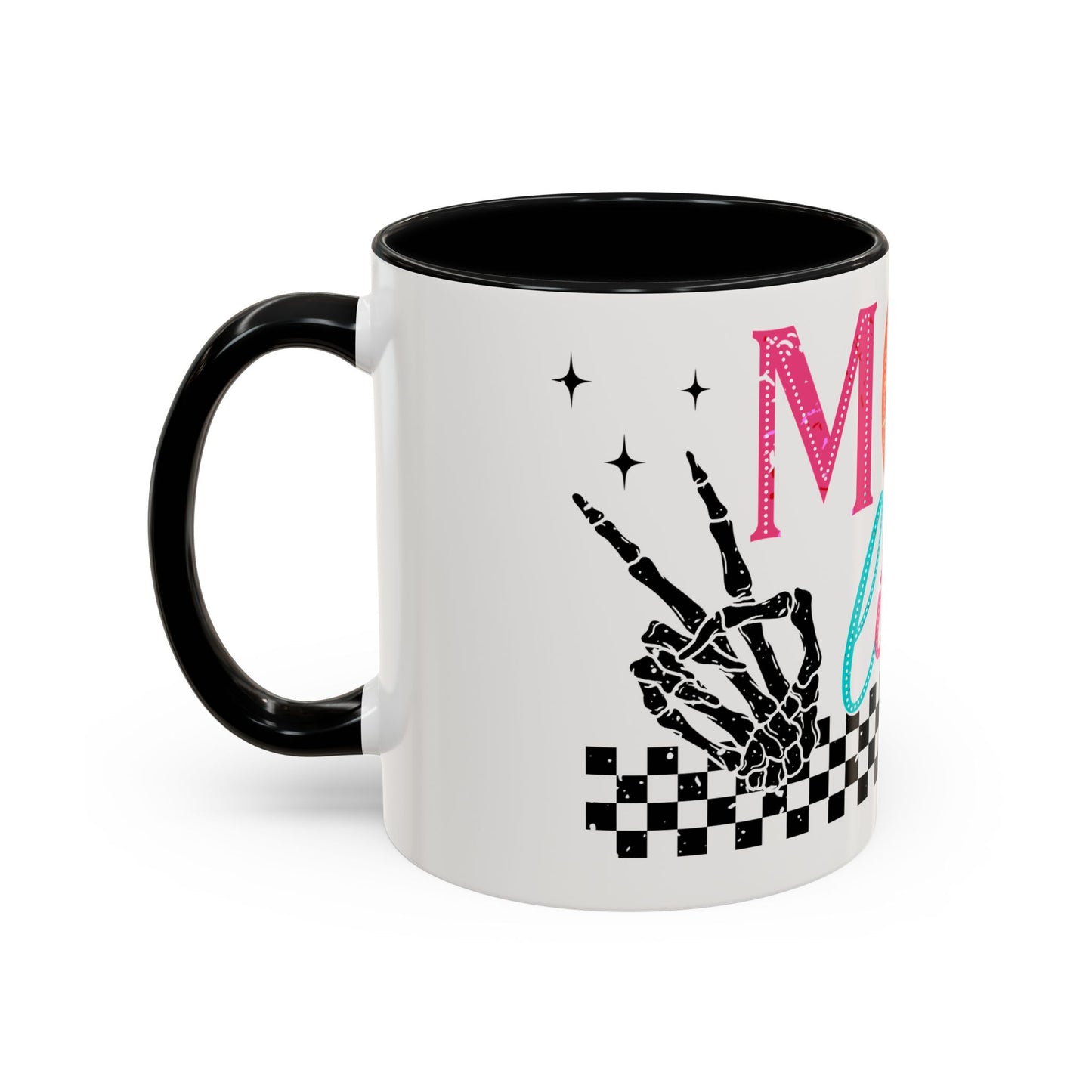 Mom Life Coffee Mug — Colorful Retro Checkerboard & Skeleton Peace Design (11/15oz)