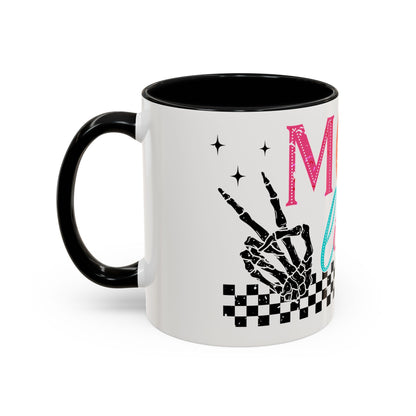 Mom Life Coffee Mug — Colorful Retro Checkerboard & Skeleton Peace Design (11/15oz)