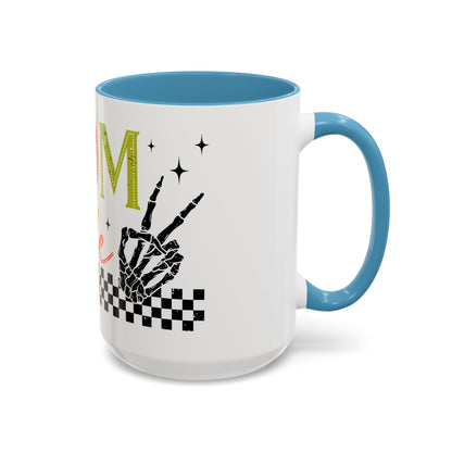 Mom Life Coffee Mug — Colorful Retro Checkerboard & Skeleton Peace Design (11/15oz)