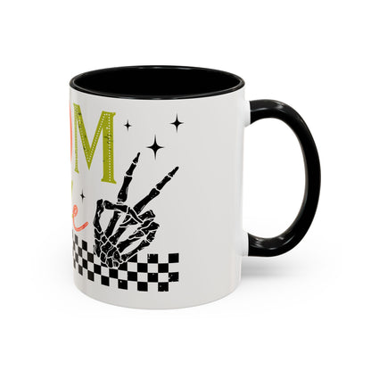 Mom Life Coffee Mug — Colorful Retro Checkerboard & Skeleton Peace Design (11/15oz)