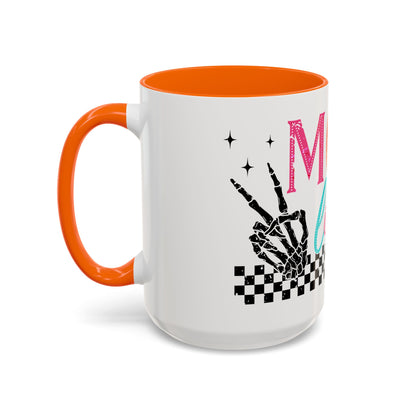 Mom Life Coffee Mug — Colorful Retro Checkerboard & Skeleton Peace Design (11/15oz)