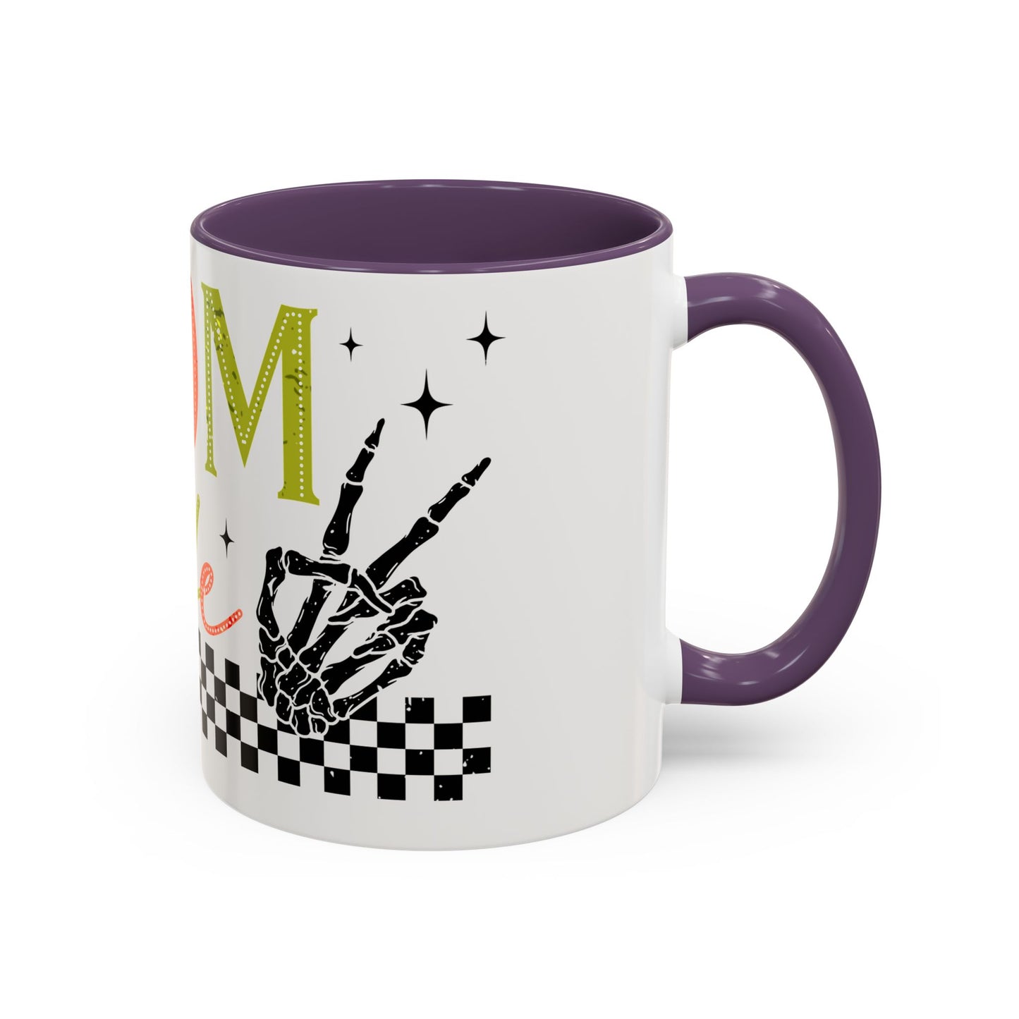 Mom Life Coffee Mug — Colorful Retro Checkerboard & Skeleton Peace Design (11/15oz)
