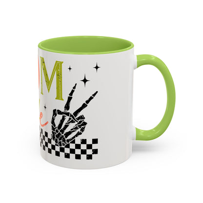 Mom Life Coffee Mug — Colorful Retro Checkerboard & Skeleton Peace Design (11/15oz)