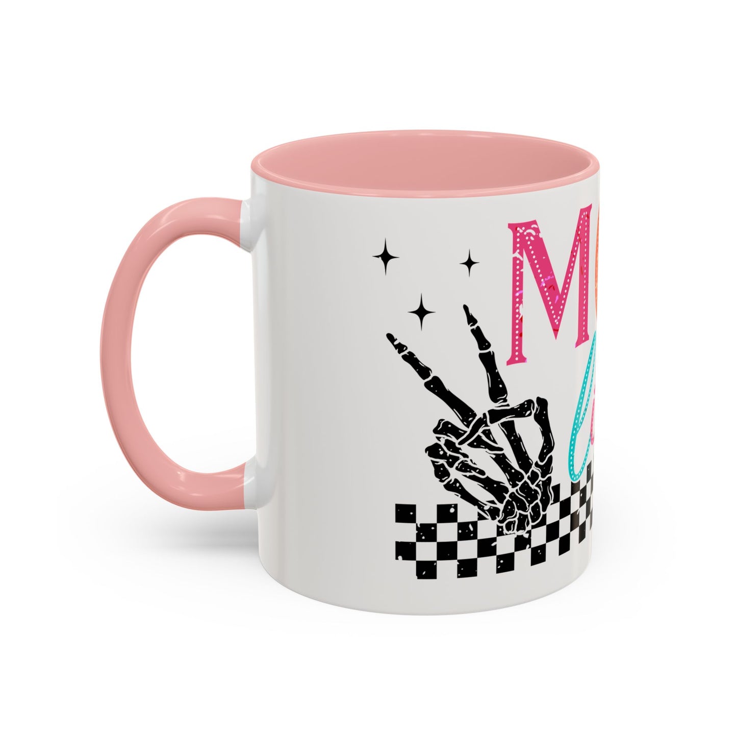 Mom Life Coffee Mug — Colorful Retro Checkerboard & Skeleton Peace Design (11/15oz)