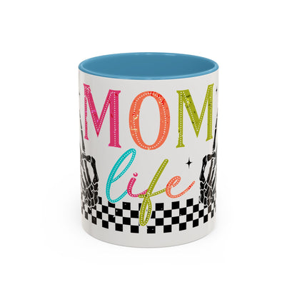 Mom Life Coffee Mug — Colorful Retro Checkerboard & Skeleton Peace Design (11/15oz)