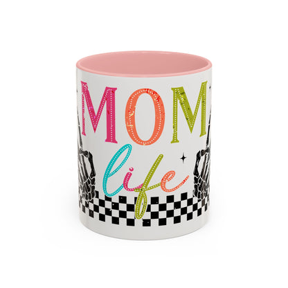 Mom Life Coffee Mug — Colorful Retro Checkerboard & Skeleton Peace Design (11/15oz)