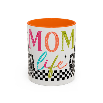 Mom Life Coffee Mug — Colorful Retro Checkerboard & Skeleton Peace Design (11/15oz)