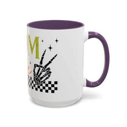 Mom Life Coffee Mug — Colorful Retro Checkerboard & Skeleton Peace Design (11/15oz)