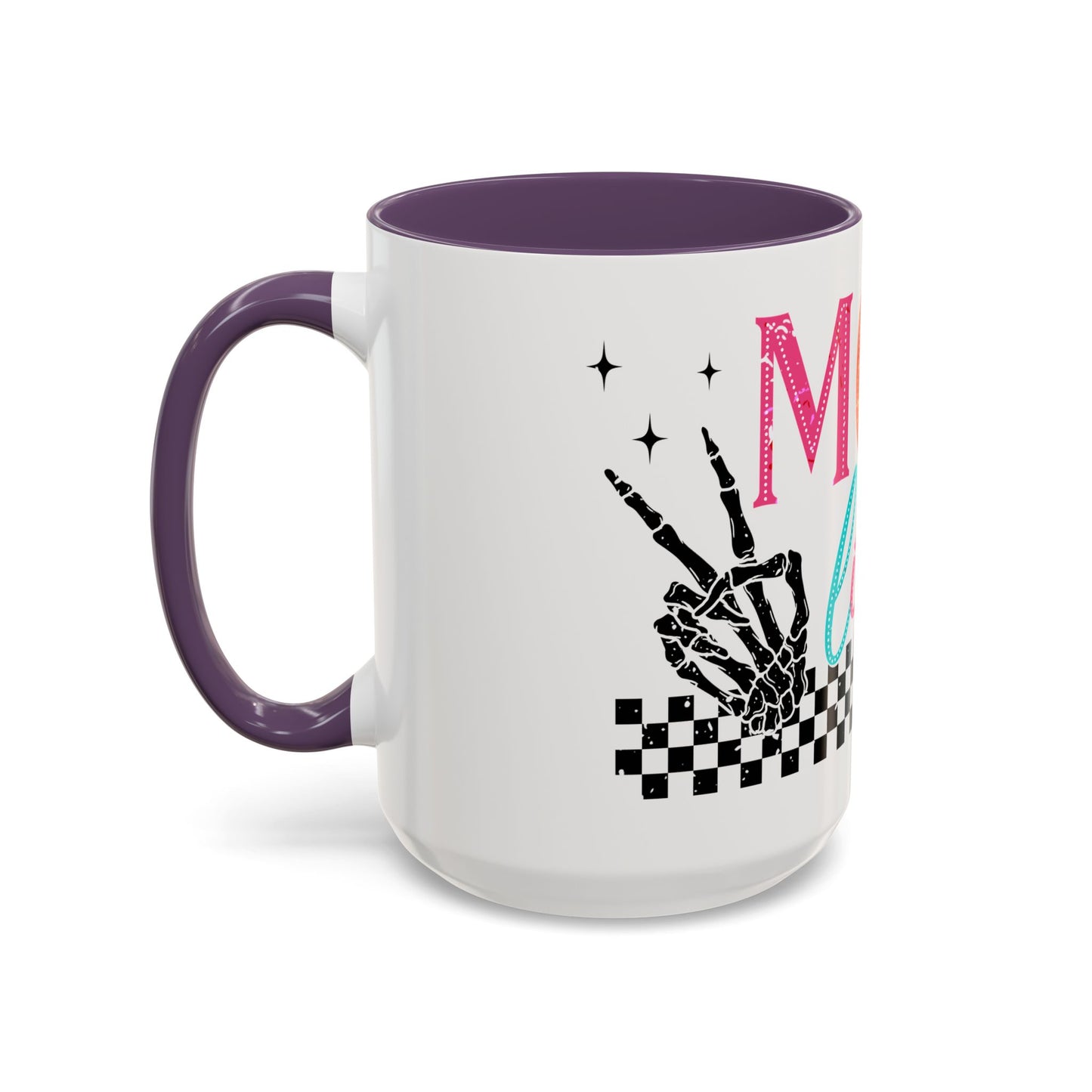 Mom Life Coffee Mug — Colorful Retro Checkerboard & Skeleton Peace Design (11/15oz)